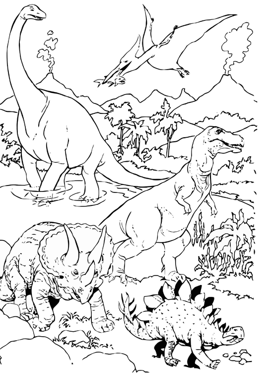 Bilde å fargelegge Dinosaurer i landskapet