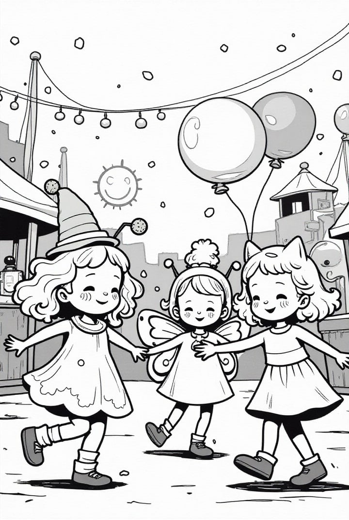 Bilde å fargelegge barn med ballonger som feirer karneval