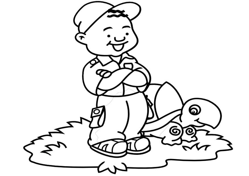 Bilde å fargelegge liten gutt med skilpadde