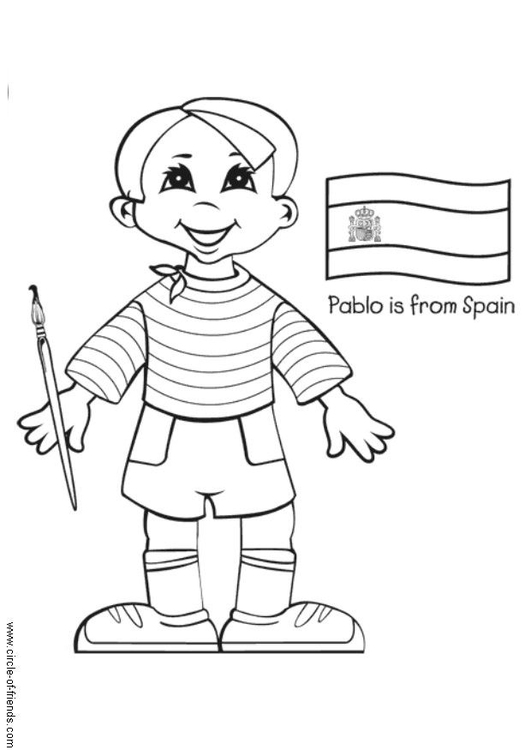 Bilde å fargelegge Pablo fra Spania med flagg