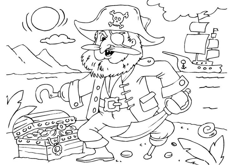 Bilde å fargelegge pirat med skattekiste