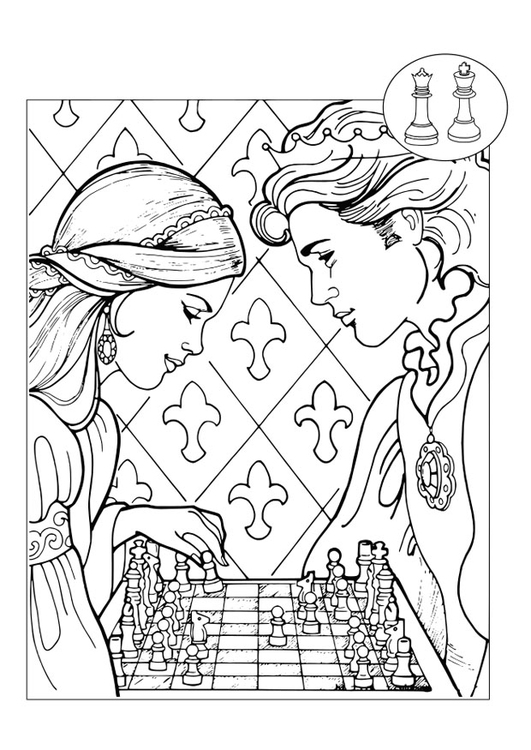 Bilde å fargelegge prins og prinsesse spiller sjakk
