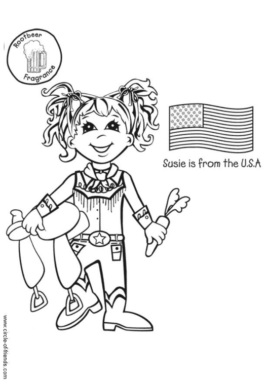 Bilde å fargelegge Susie fra USA med flagg