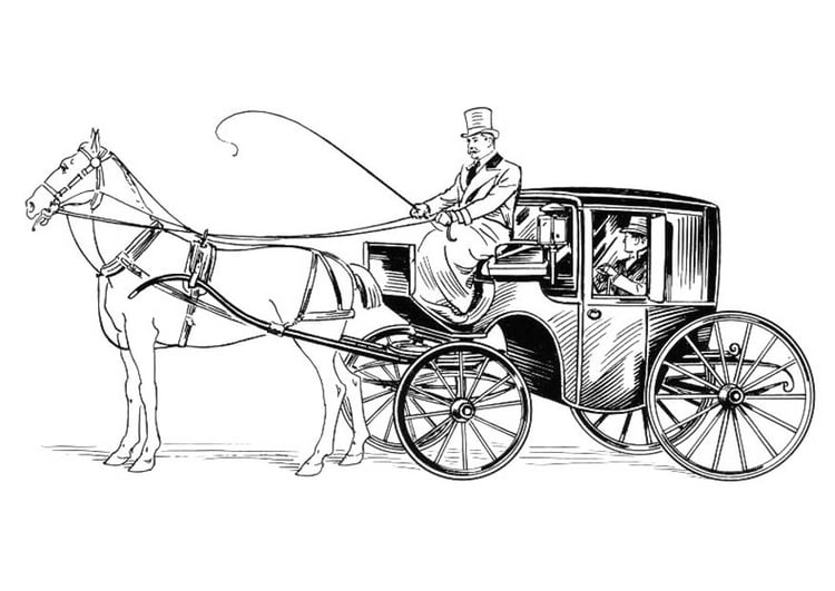 Bilde å fargelegge vogn med hest og kusk