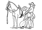 Fargeleggingsbilde cowboy som tar på salen
