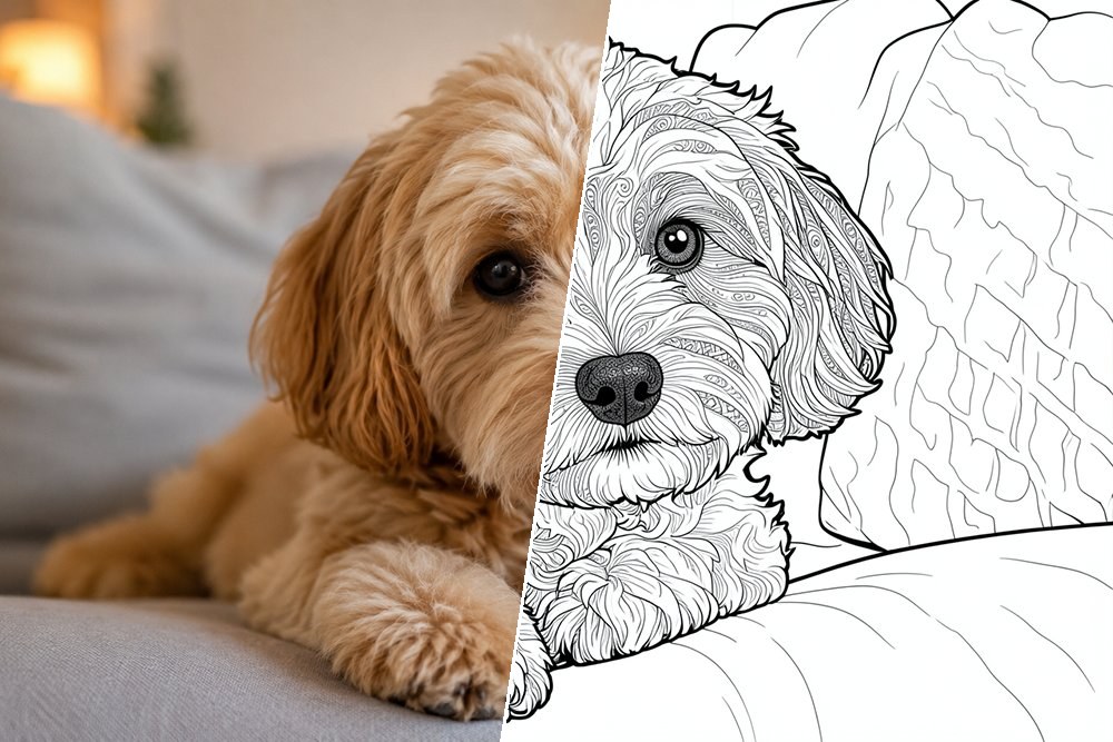 Bilde av en hund gjort om til et fargeleggingsark