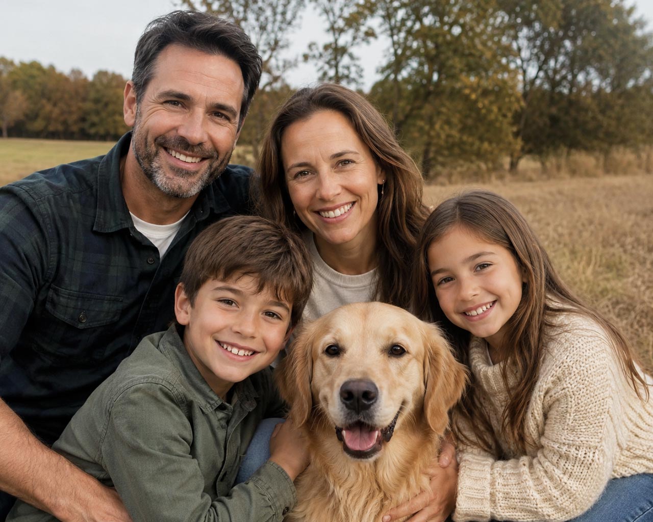 Originalt fargefoto av en familie med hund
