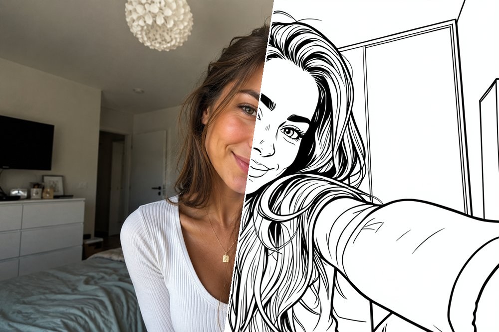 Selfie gjort om til et fargeleggingsark