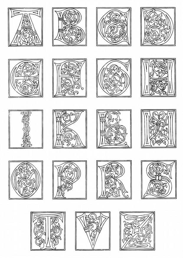 01a. alfabet fra slutten av 1400-tallet Fargeleggingsbilde 01a. alfabet fra slutten av 1400-tallet