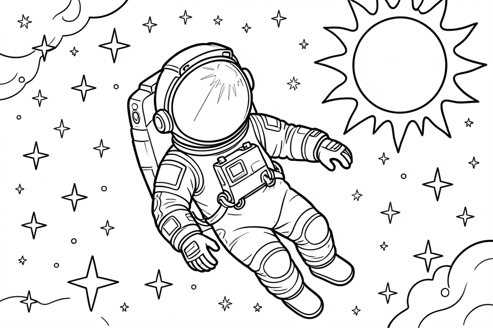 Fargeleggingsbilde astronaut i rommet med stjerner og solen