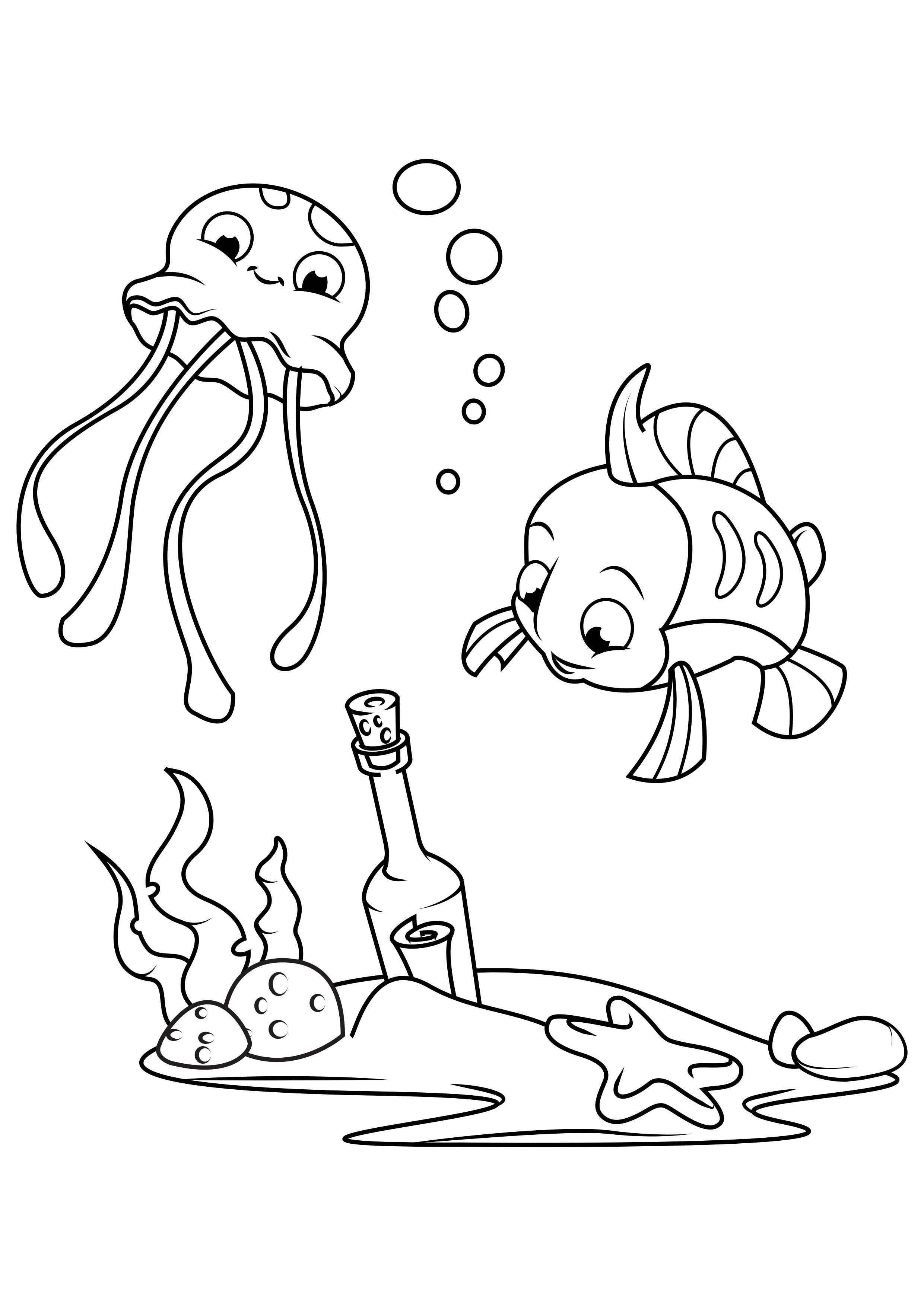 blekksprut og fisk med flaske Fargeleggingsbilde blekksprut og fisk med flaske