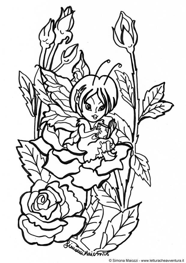Fargeleggingsbilde en fe blant rosene