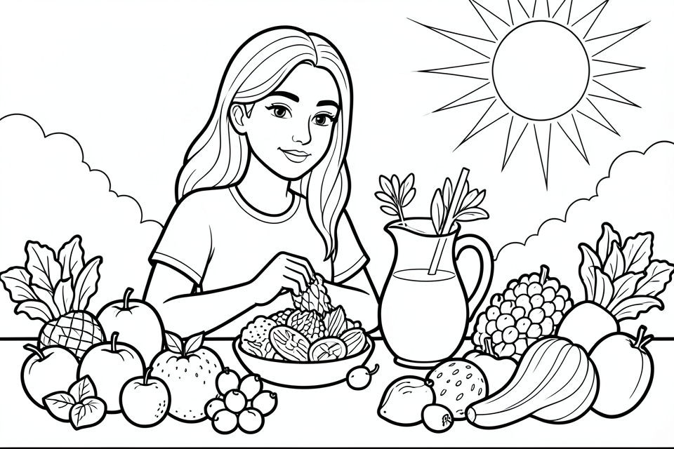 frukt og grA¸nnsaker pA¥ en sommerdag Fargeleggingsbilde frukt og grA¸nnsaker pA¥ en sommerdag
