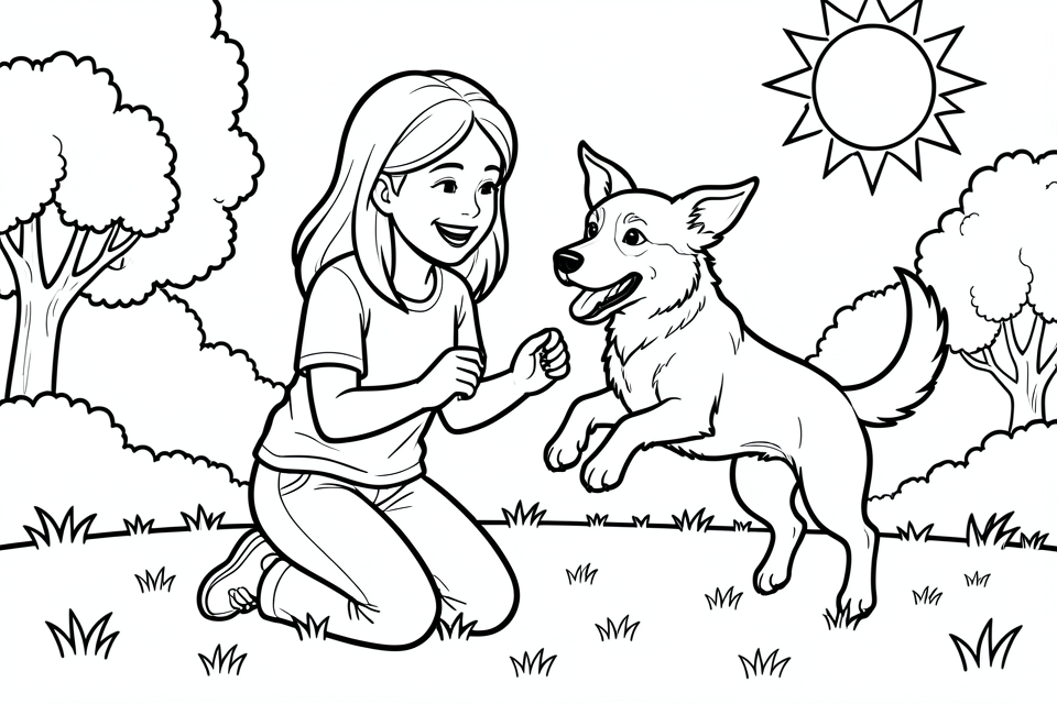 jente leker med hunden sin Fargeleggingsbilde jente leker med hunden sin
