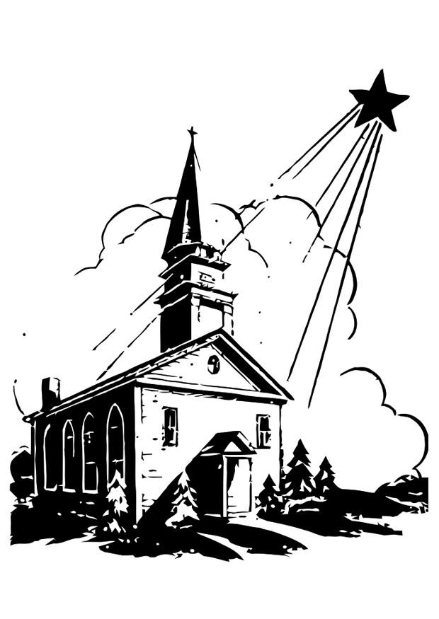 kirke med julestjerne Fargeleggingsbilde kirke med julestjerne