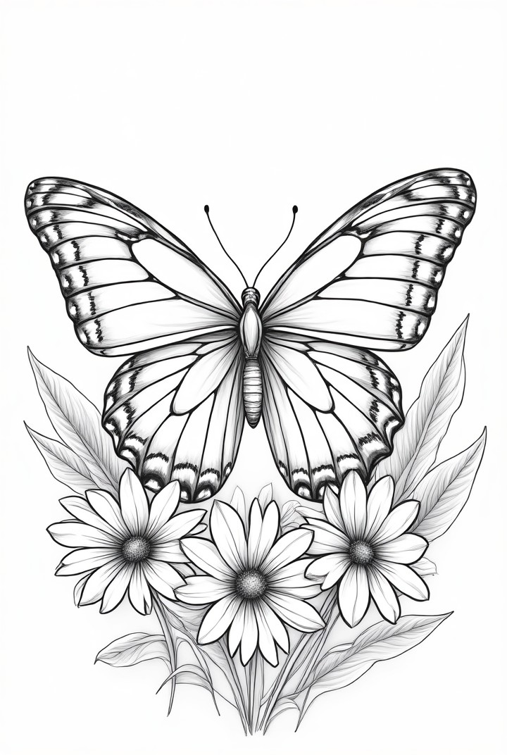 sommerfugl med blomster Fargeleggingsbilde sommerfugl med blomster