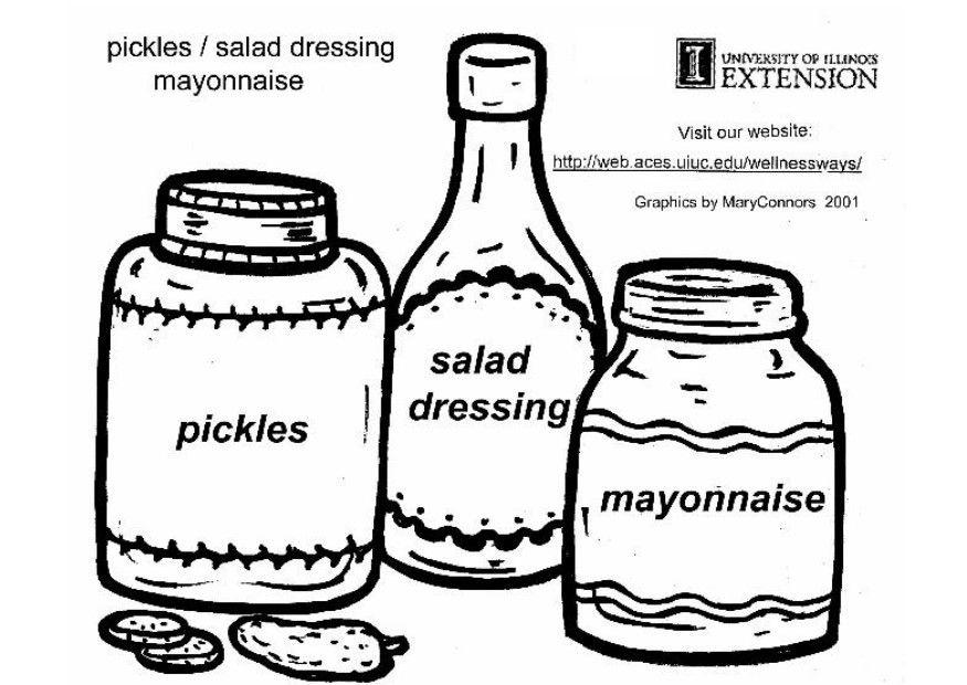 Fargeleggingsbilde sylteagurk, salatdressing og majones